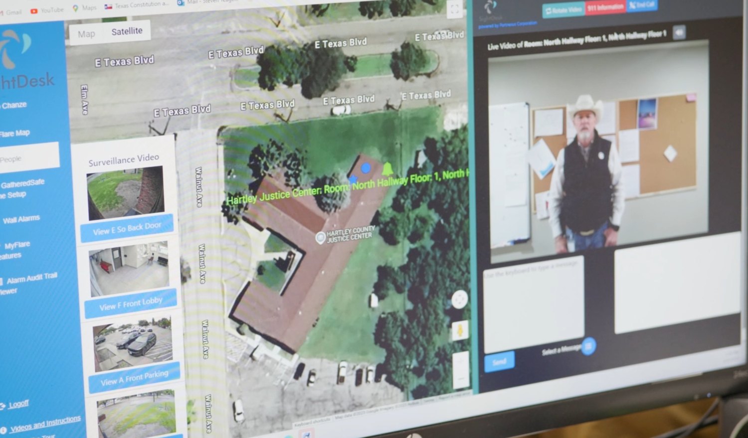 SightDesk command console — location pinned, live video, responders visible