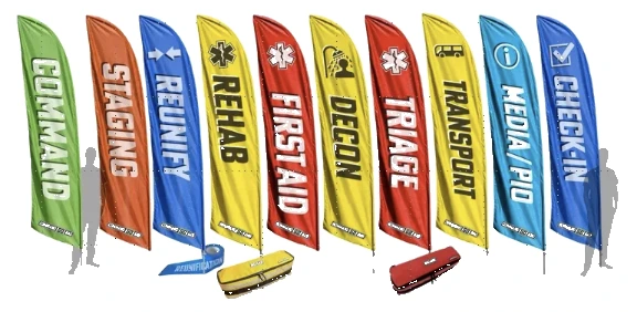 The Command GoBag flag set: Command, Staging, Reunify, Rehab, First Aid, Decon, Triage, Transport, Media and PIO, and Check-in